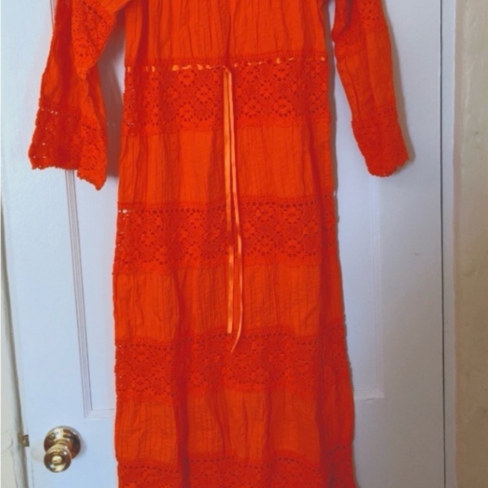 Vintage Mexican Wedding Dress Vibrant Orange Crochet Lace Dress